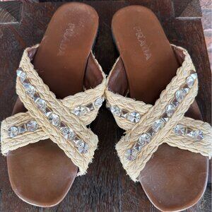 Prada Natural Raffia Jeweled Criss-Cross Flat Sandals